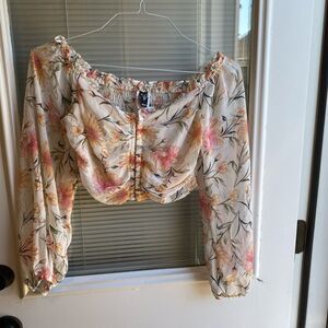 Windsor Floral Off-Shoulder Crop Top L Smocked Boho Cottagecore Coquette Pink